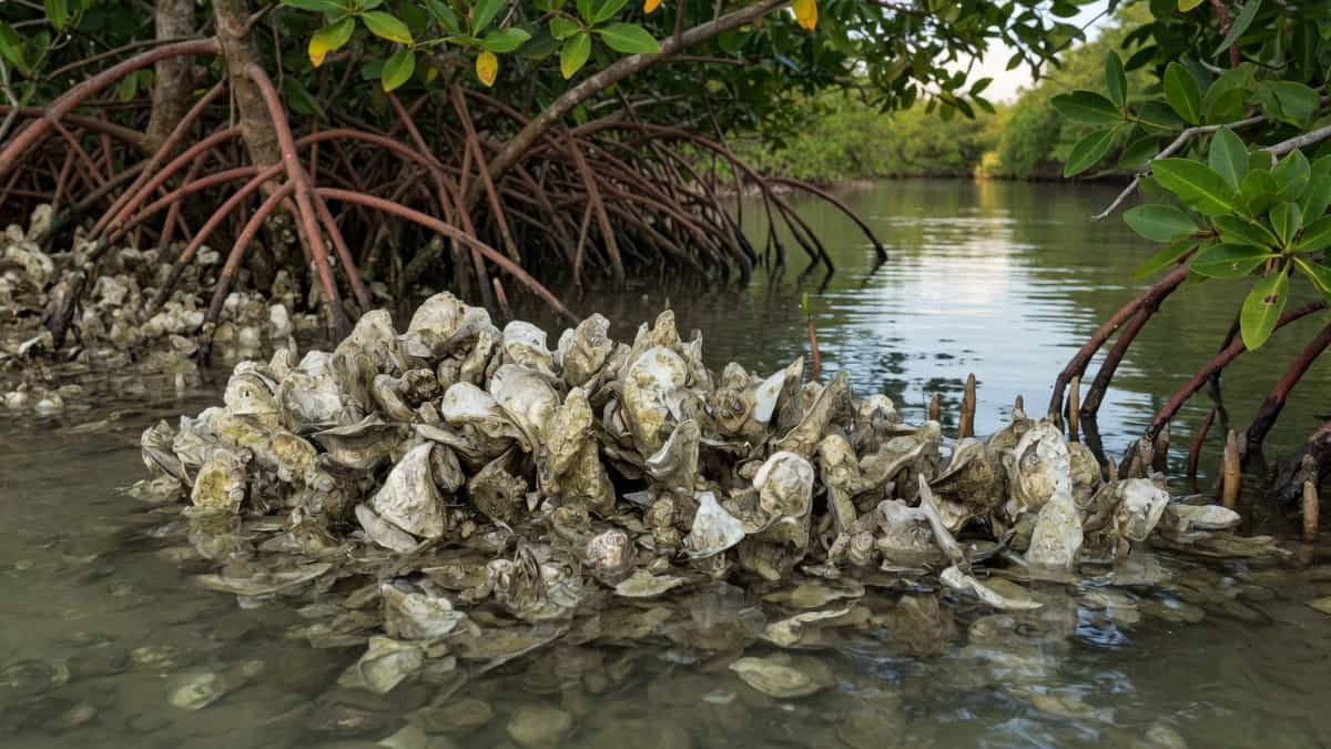 An oyster bar in a mangrove channel at low tide.