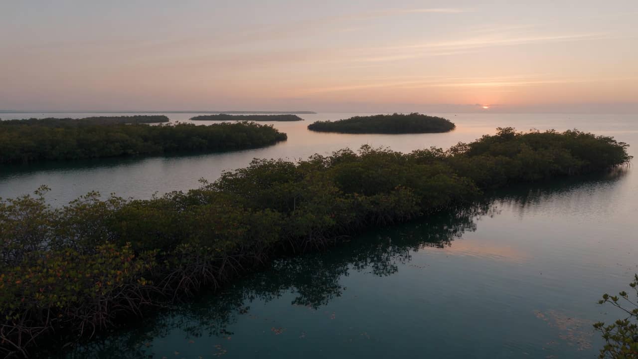 A wide Florida coast: shallow water, mangrove islands, and open sky.